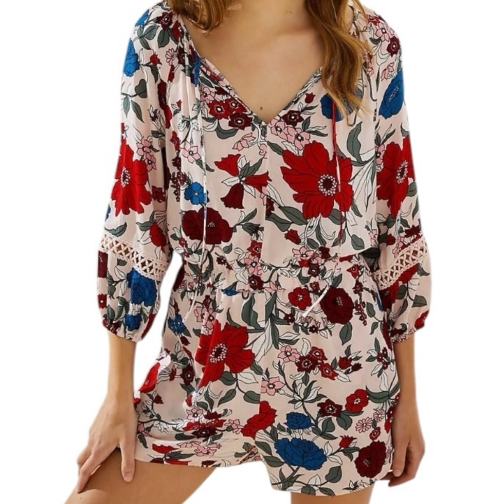 NWT LOFT Beach Floral Romper Size XXS V-Neck Lace‎ Trim 3/4 Sleeve Boho